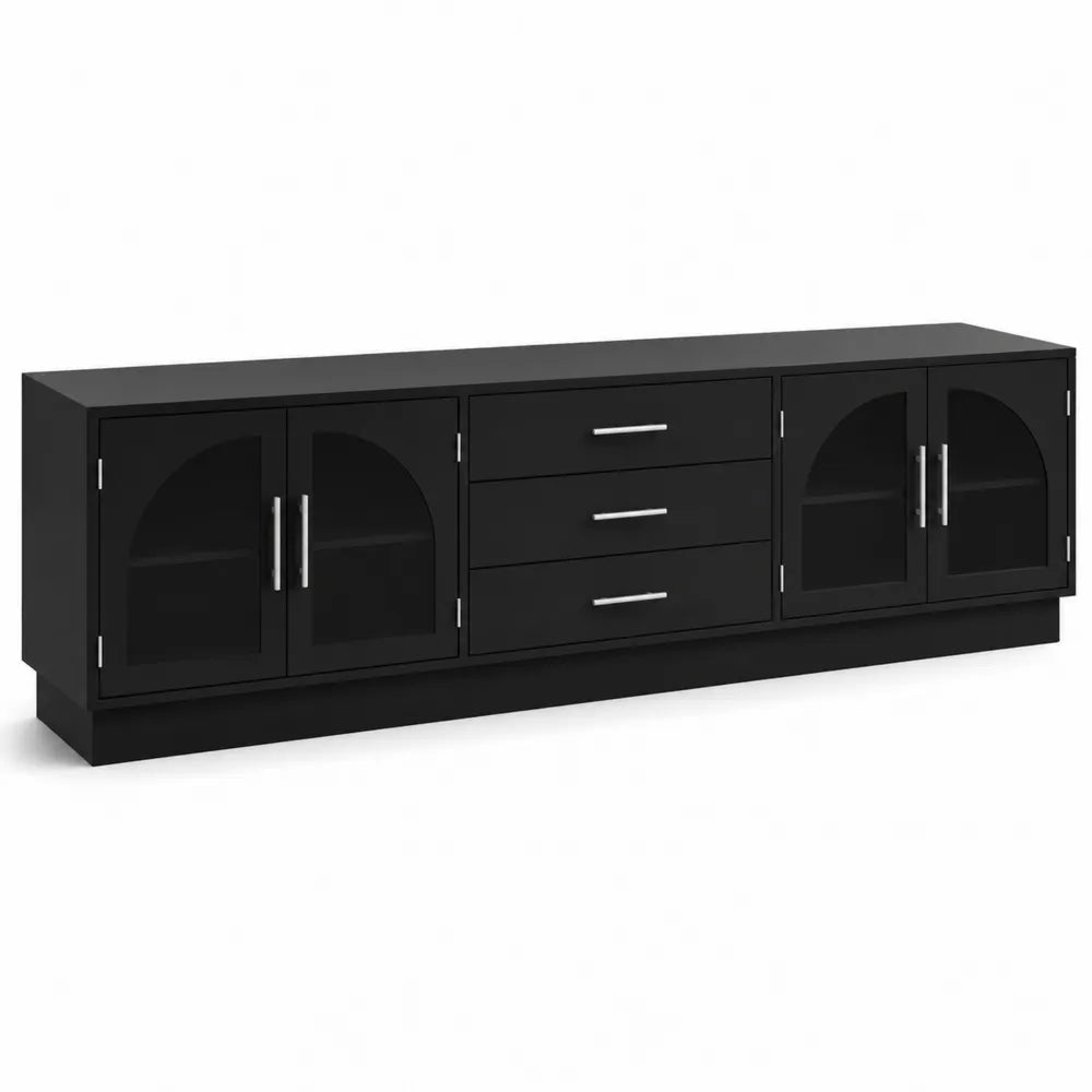 Meuble TV Noir en MDF avec Portes en Verre et Tiroirs 200cm