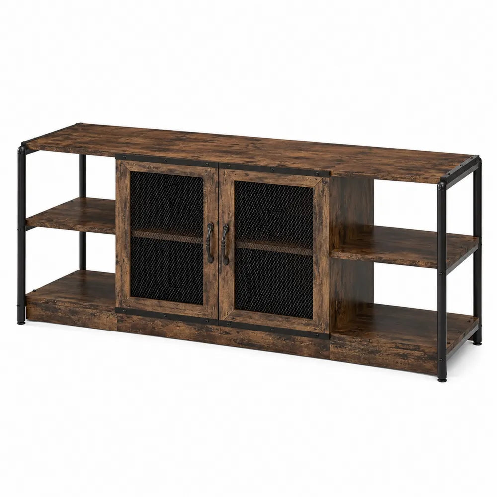Meuble TV en bois et métal brun avec portes grillagées