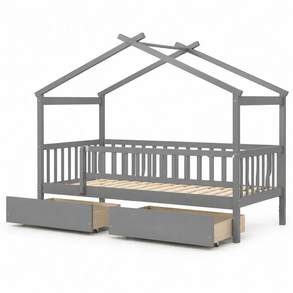 Lit cabane en bois de pin avec tiroirs de rangement Gris