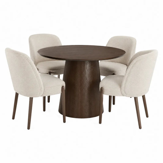 Ensemble table ronde et 4 chaises en bois et tissu polyester
