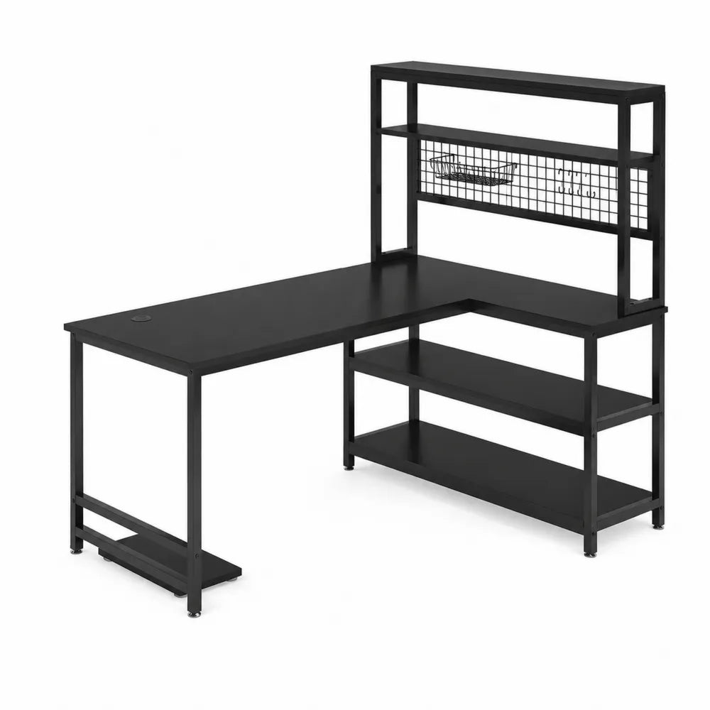 Bureau d'angle en métal et panneau de particules noir avec étagères