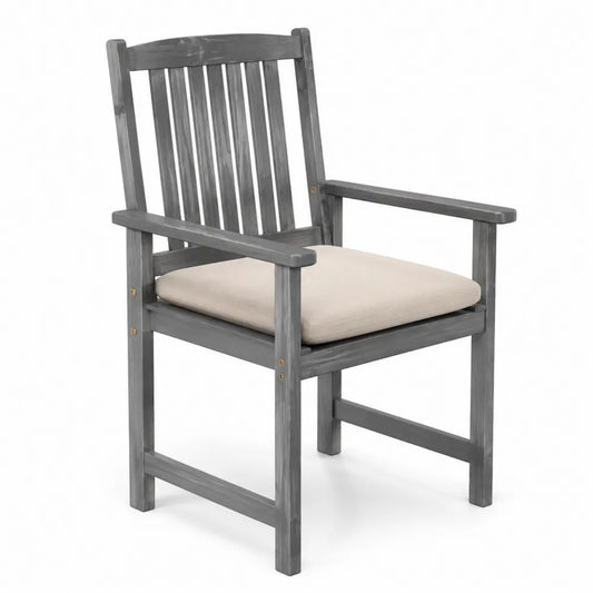 Chaise en bois avec coussin en tissu gris et beige