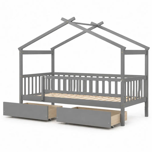 Lit cabane en bois de pin avec tiroirs de rangement Gris