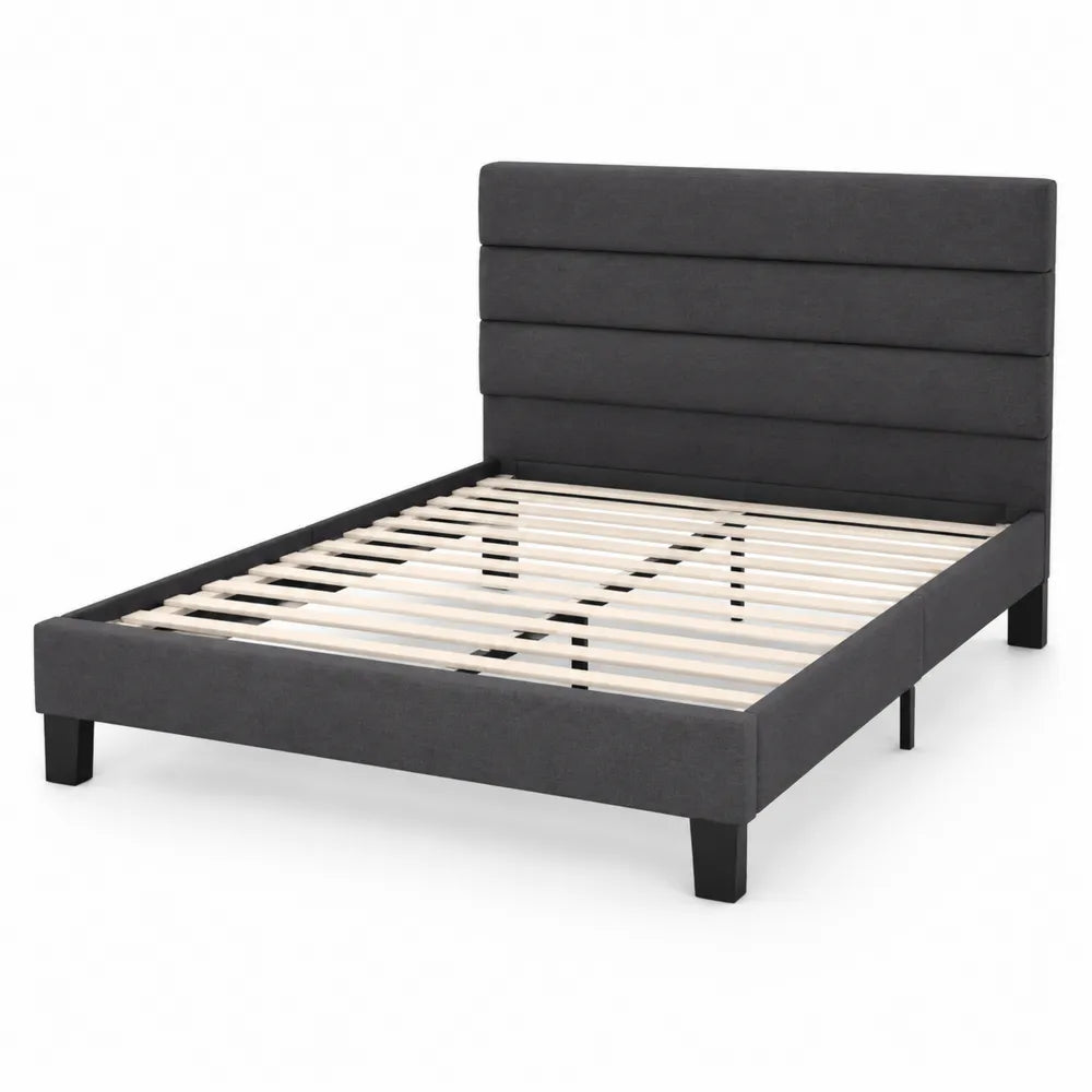 Lit double en tissu polyester gris avec lattes en bois 140x200 cm