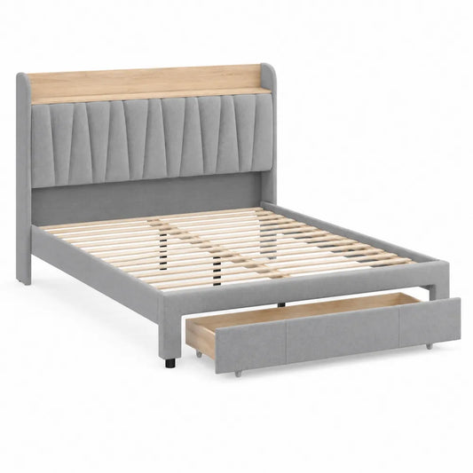 Lit Double en Bois et Velours Gris avec Tête de Lit et Tiroir