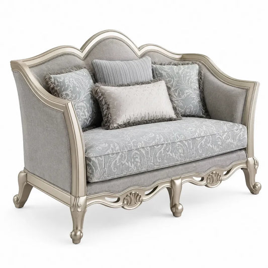 Canapé 2 places en bois et tissu gris avec coussins décoratifs