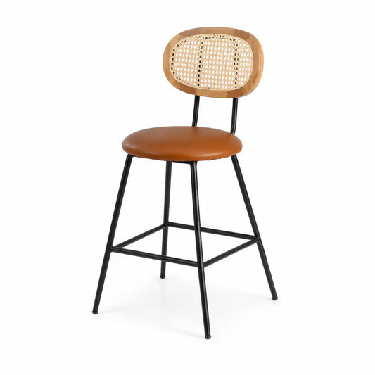 Chaise en métal avec dossier en rotin et siège en cuir synthétique