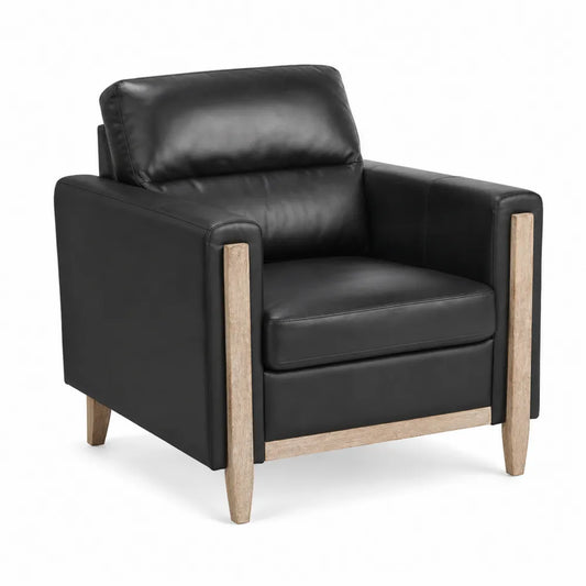 Fauteuil en cuir noir avec pieds en chêne