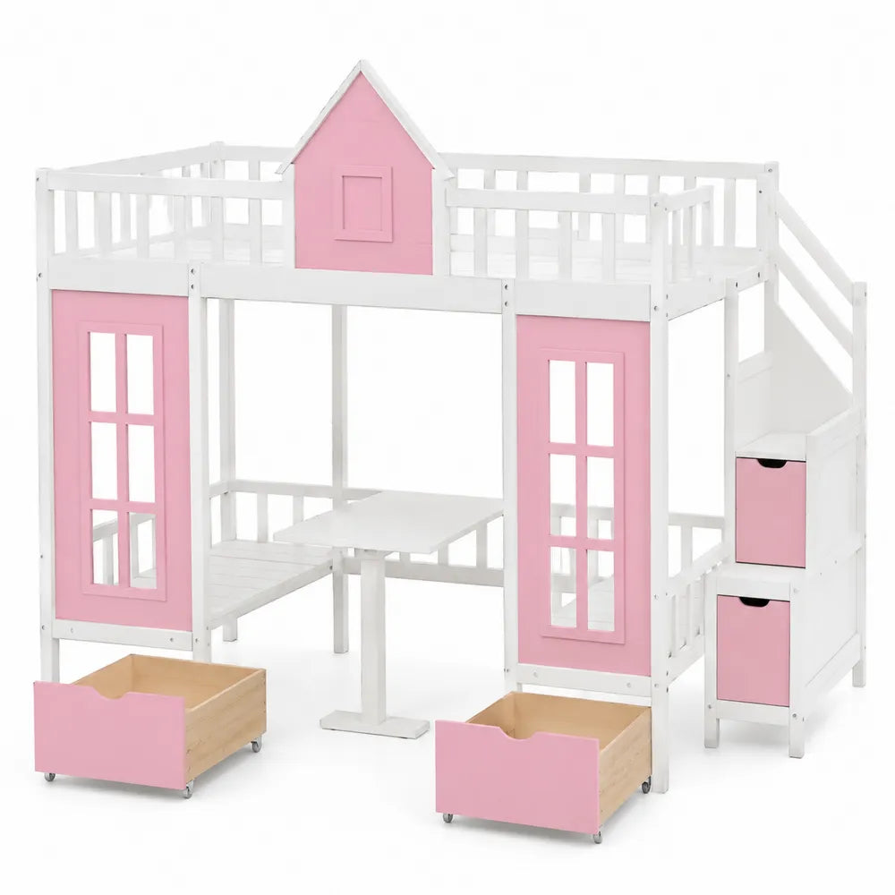 Lit superposé en bois avec bureau et rangements Blanc/Rose