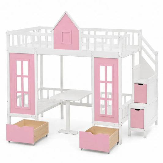 Lit superposé en bois avec bureau et rangements Blanc/Rose