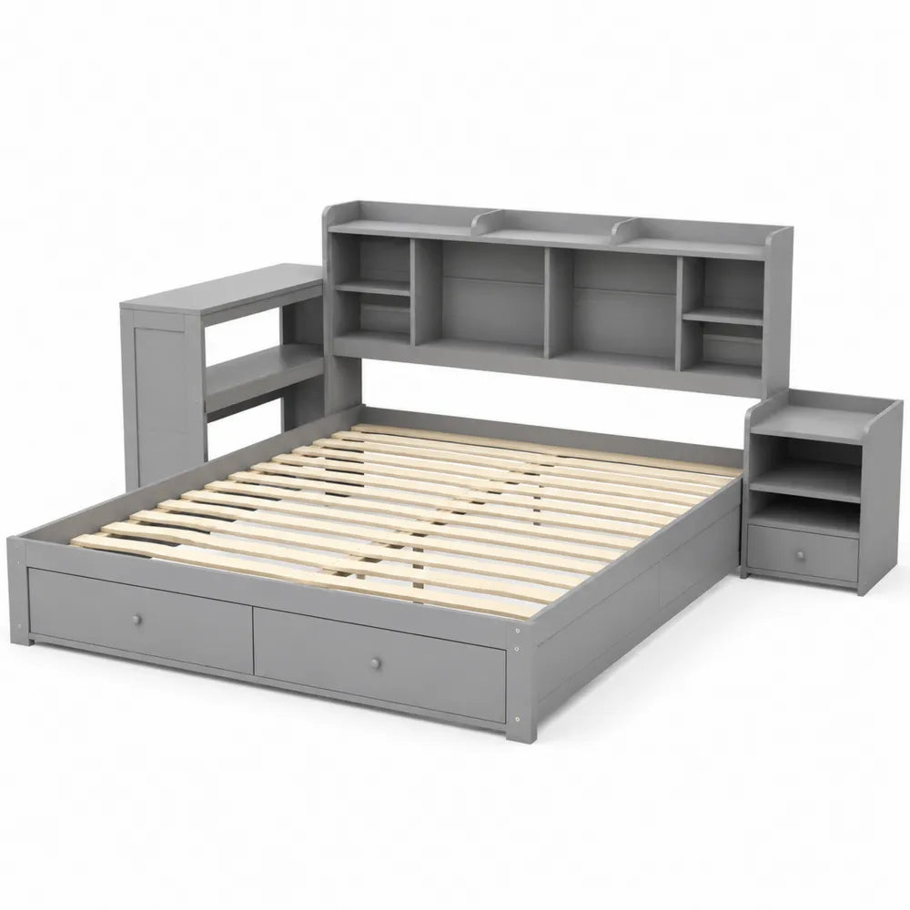 Lit en bois avec rangements intégrés 200x140 cm Gris
